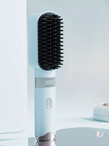 Light blue 2-in-1 portable wireless ionic brush straightener and comb by Trendsi, showing the compact styling tool with bristles.