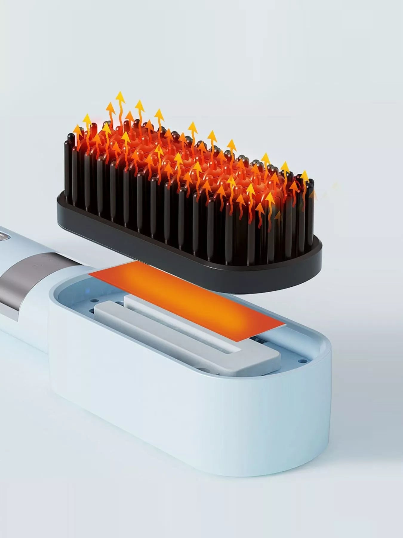 Light blue 2-in-1 portable wireless ionic brush straightener comb by Trendsi, designed for easy hair styling on the go.