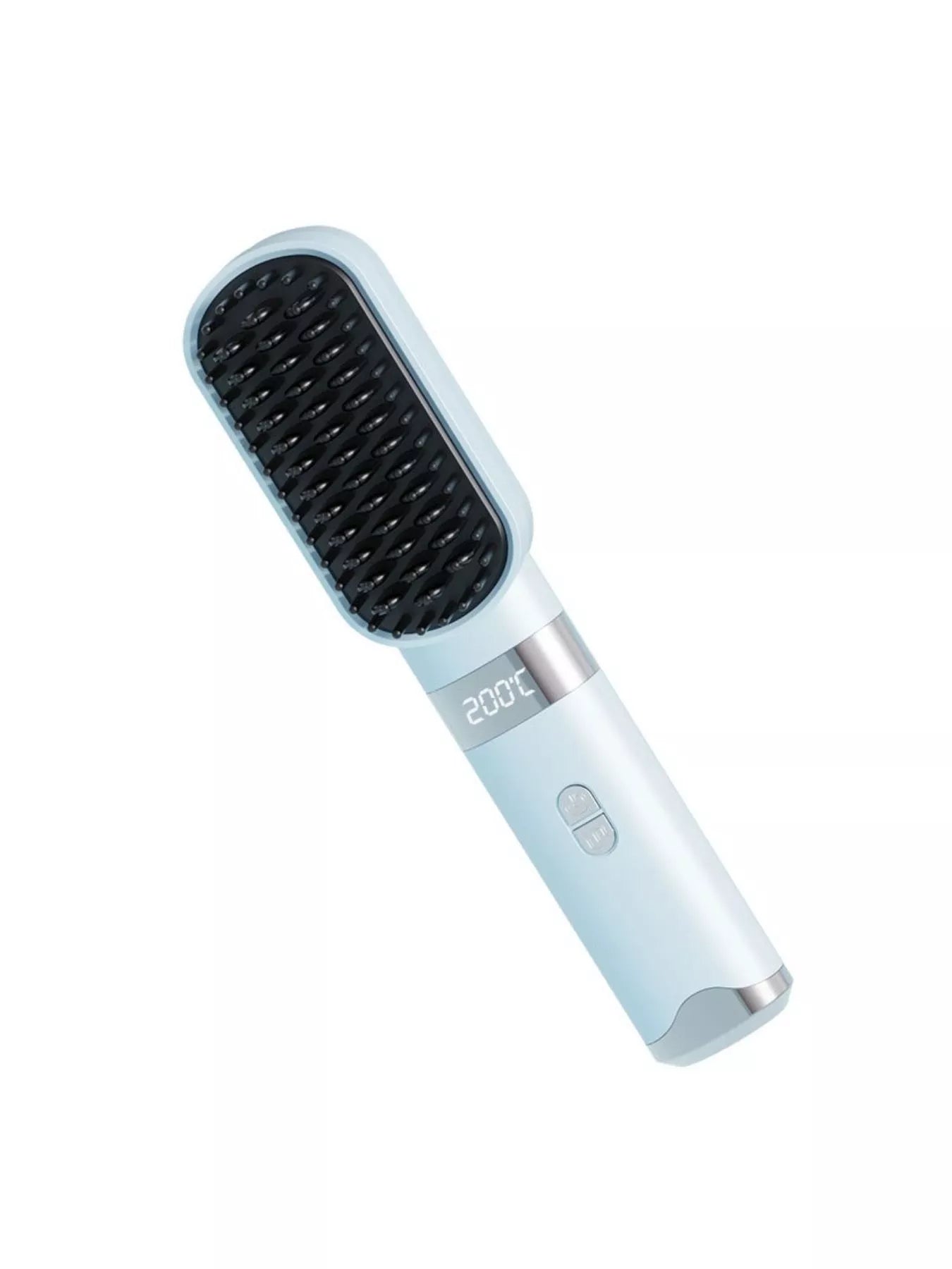 Light blue 2-in-1 portable wireless ionic brush straightener and comb by Trendsi, showing the compact design and bristle details.