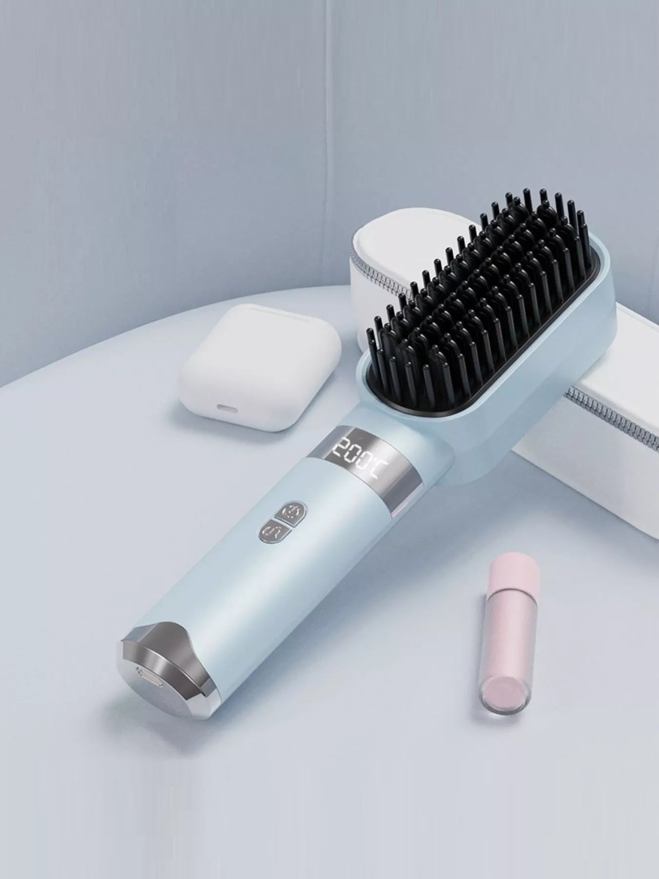 Light blue 2-in-1 portable wireless ionic hair straightener brush and comb by Trendsi, compact and easy to use.