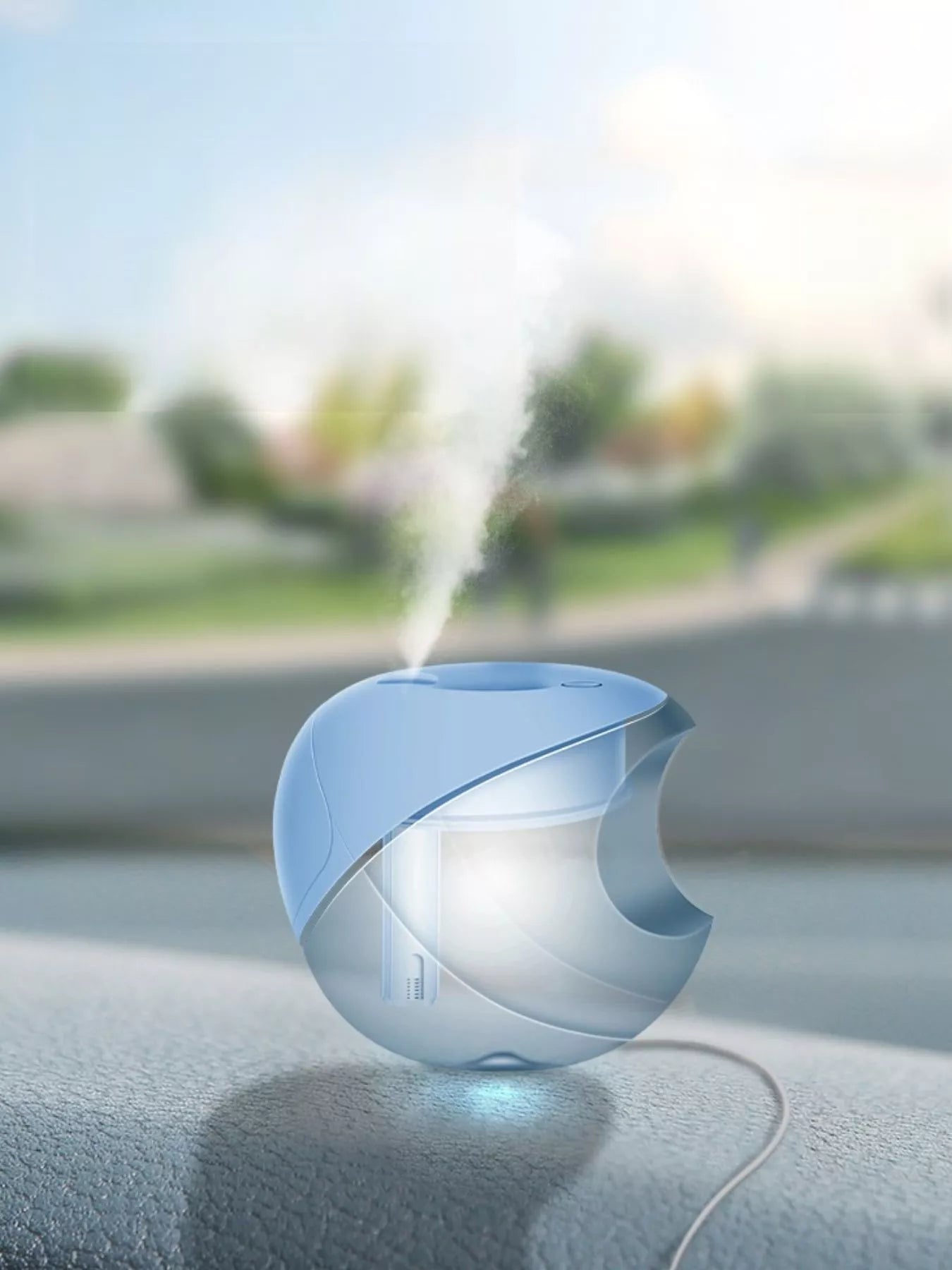 Light blue apple-shaped humidifier by Trendsi, compact design with a smooth finish, perfect for adding moisture to a room.