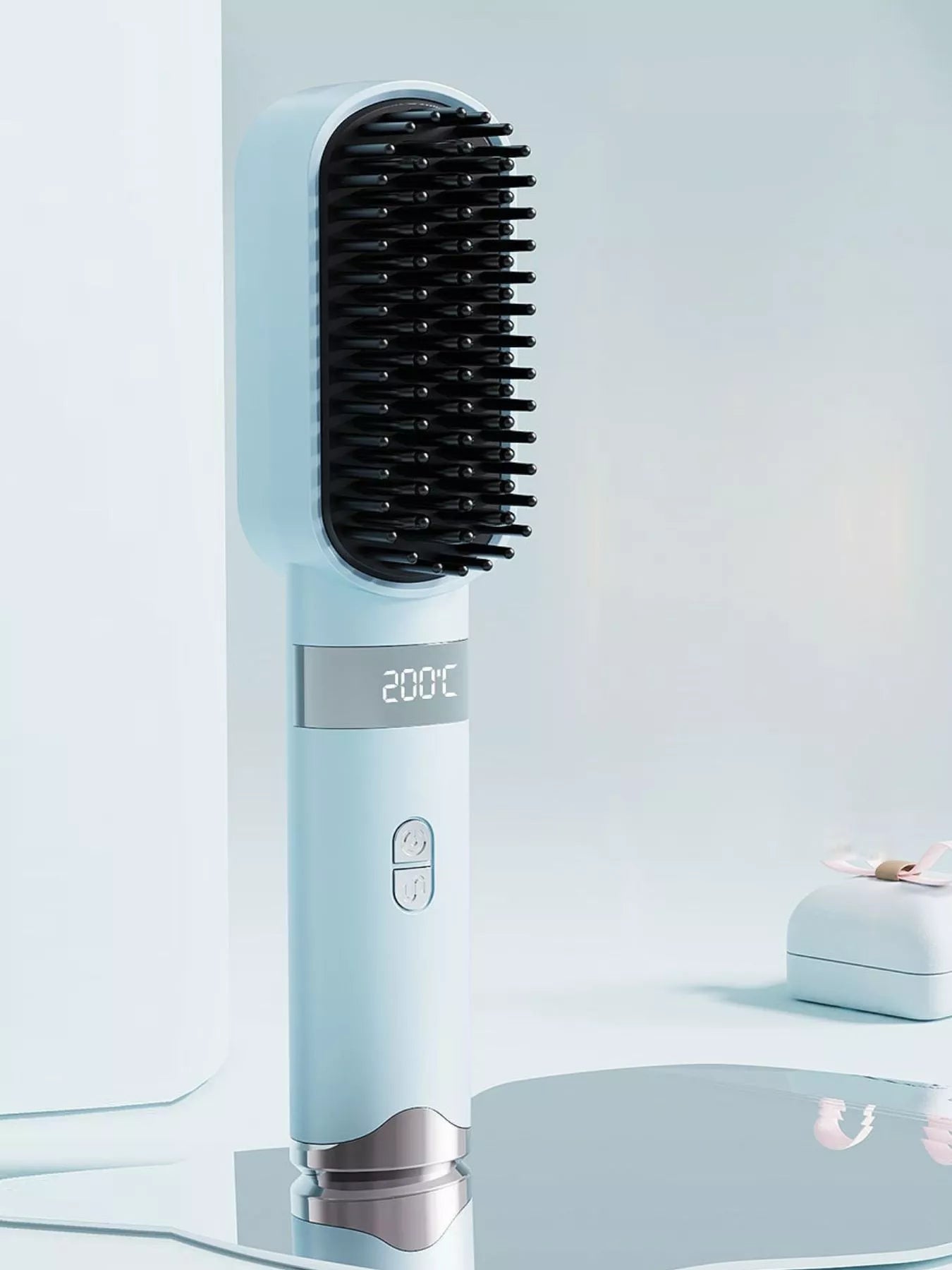 Light blue Trendsi fast heating straightening comb with wide teeth, designed for quick hair styling and smooth results.