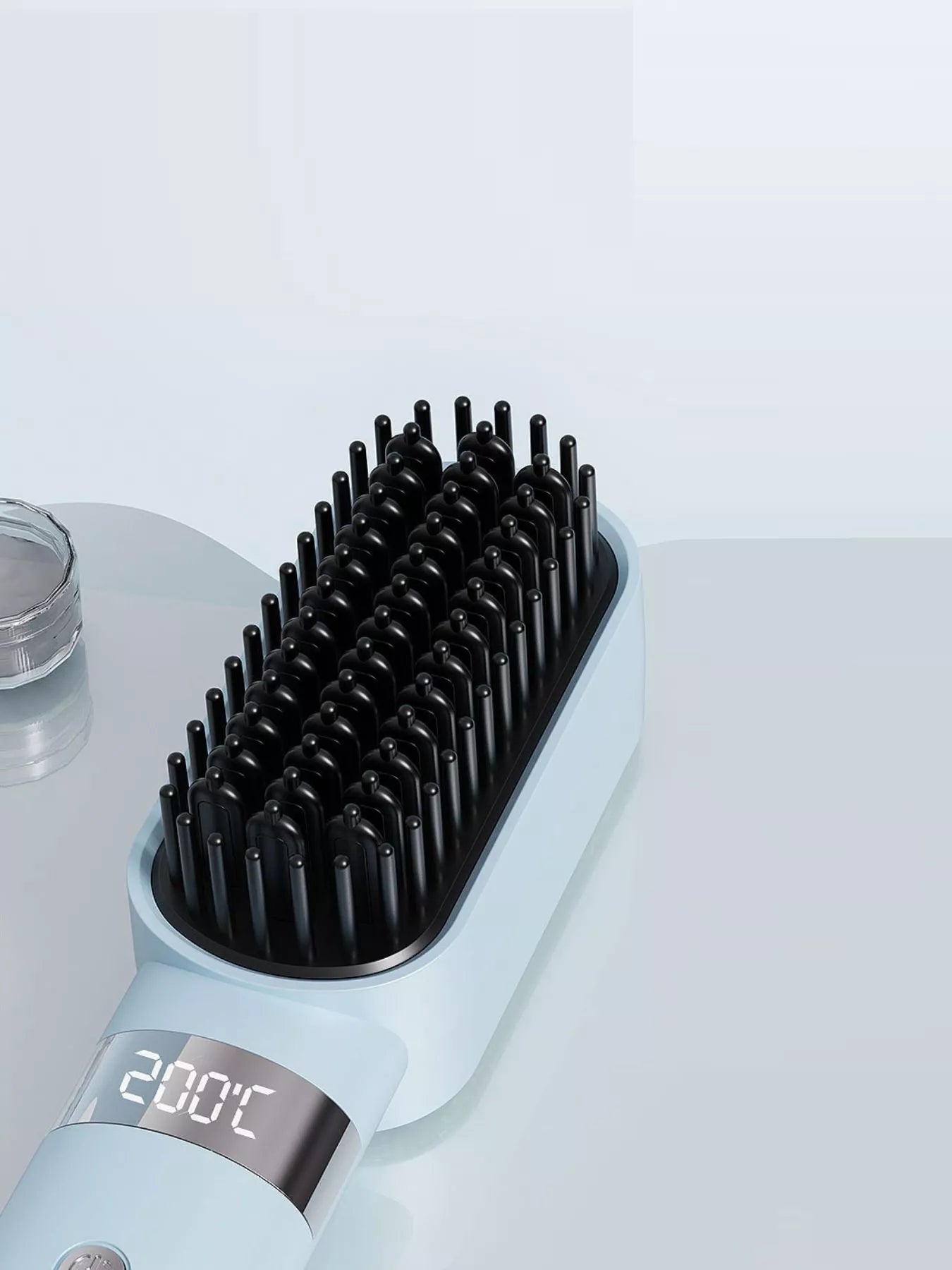 Light blue Trendsi fast heating straightening comb with ergonomic handle and adjustable temperature settings, ideal for sleek hair styling.