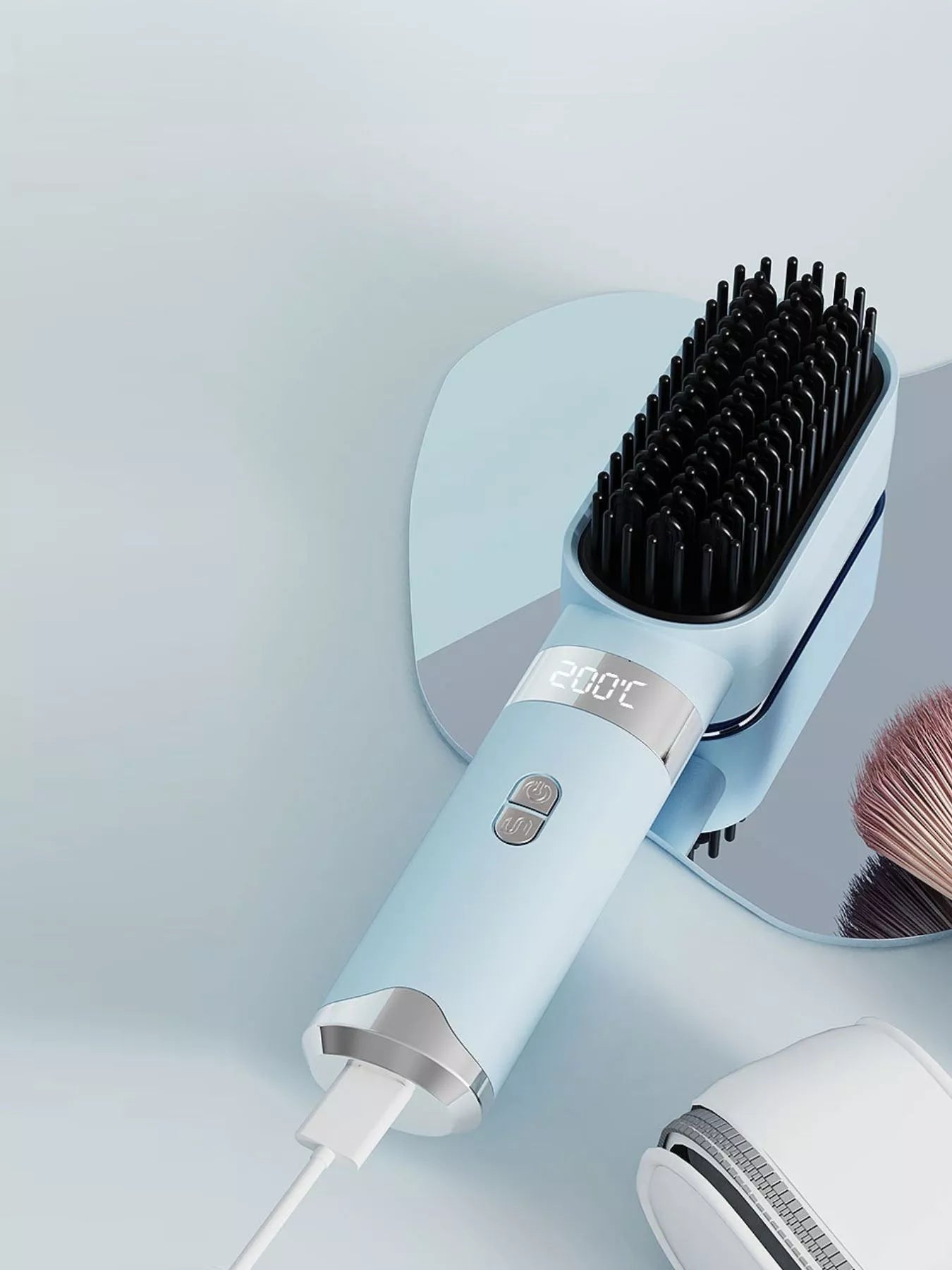Light blue Trendsi fast heating straightening comb with ergonomic handle, designed for quick and easy hair styling.