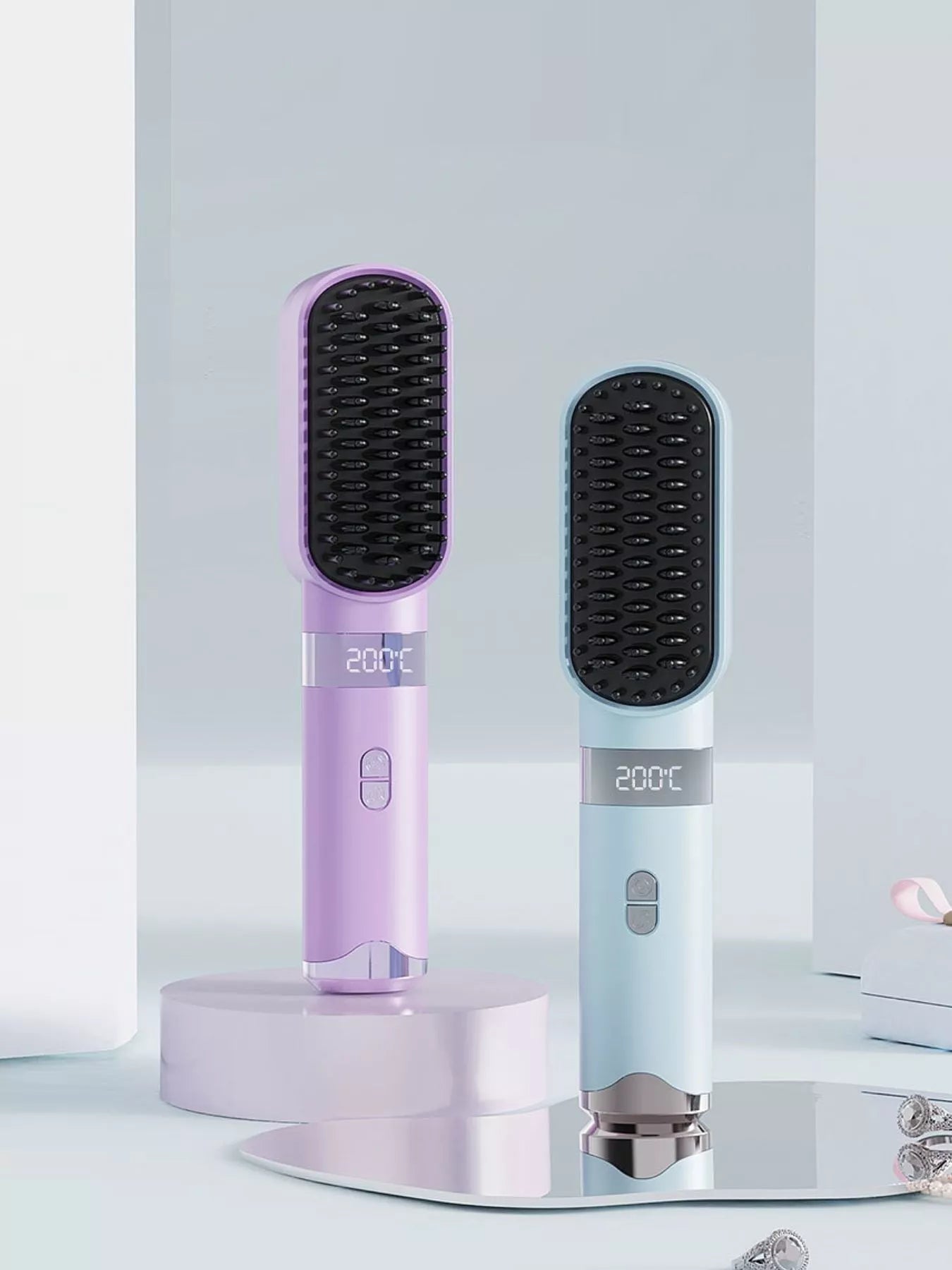 Light blue Trendsi fast heating straightening comb with ergonomic handle and adjustable heat settings, perfect for sleek hair styling.