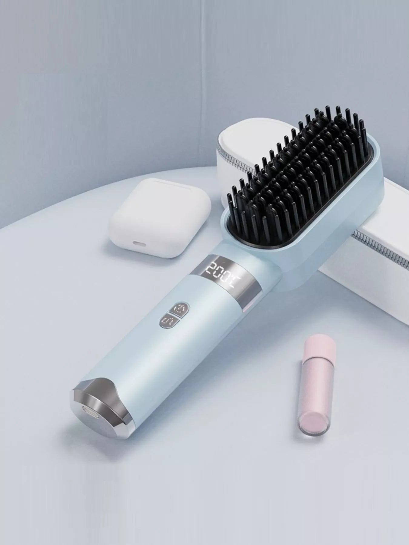 Light blue Trendsi fast heating straightening comb with sleek design, perfect for smooth, straight hair styling.