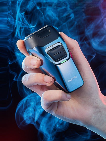 Light blue portable electric foil shaver by Trendsi, compact design with foil head for precise grooming.