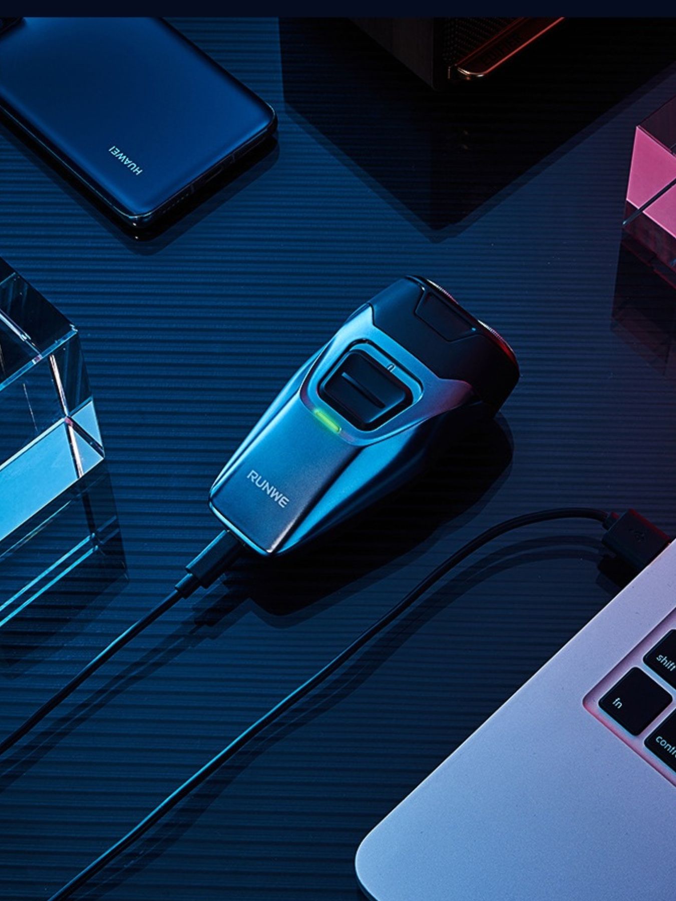 Light blue portable electric foil shaver by Trendsi, compact design with dual foil heads for close shaving.