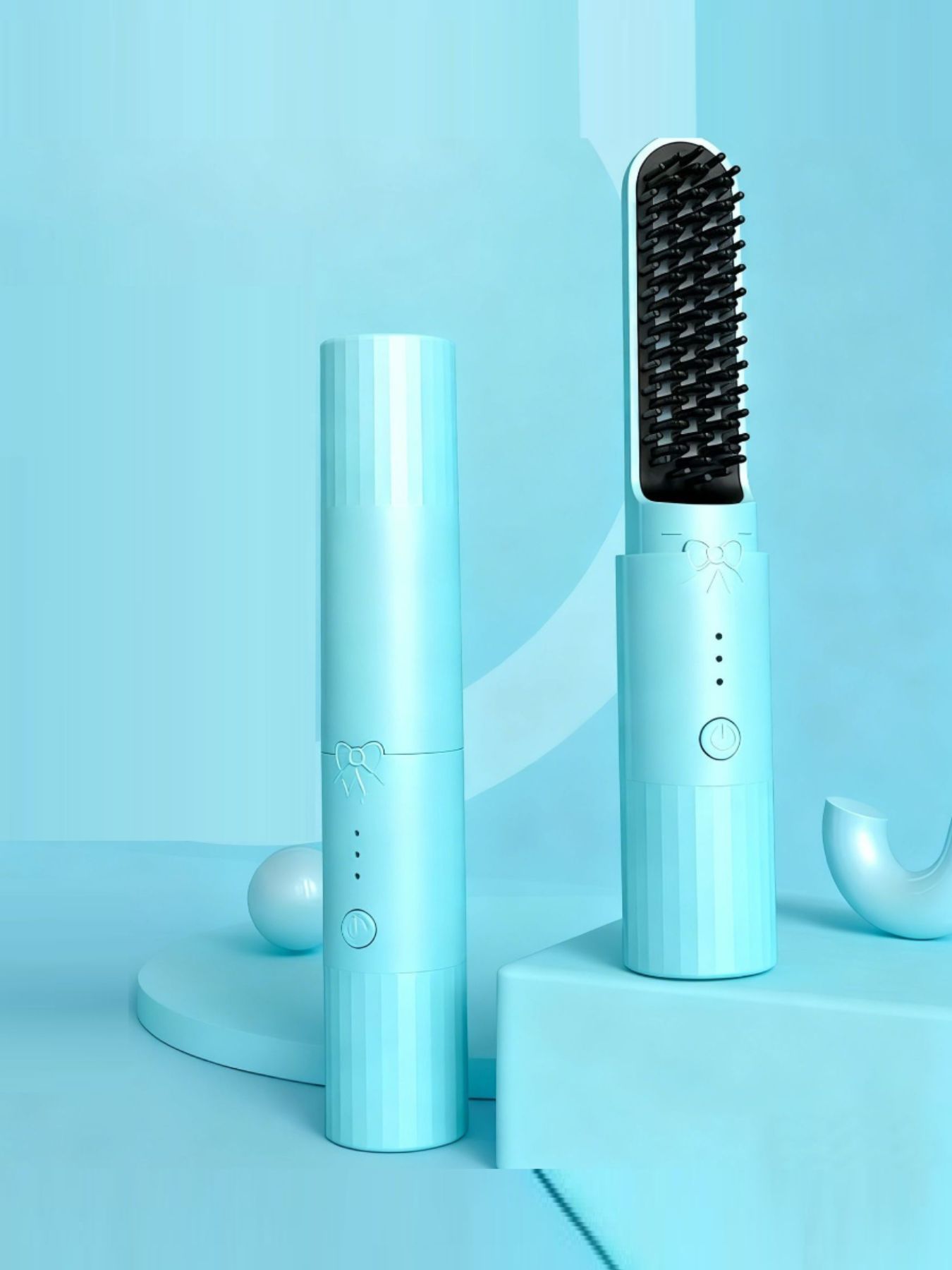 Light blue portable heated straightening comb by Trendsi, compact design with heated teeth for easy hair styling on the go.