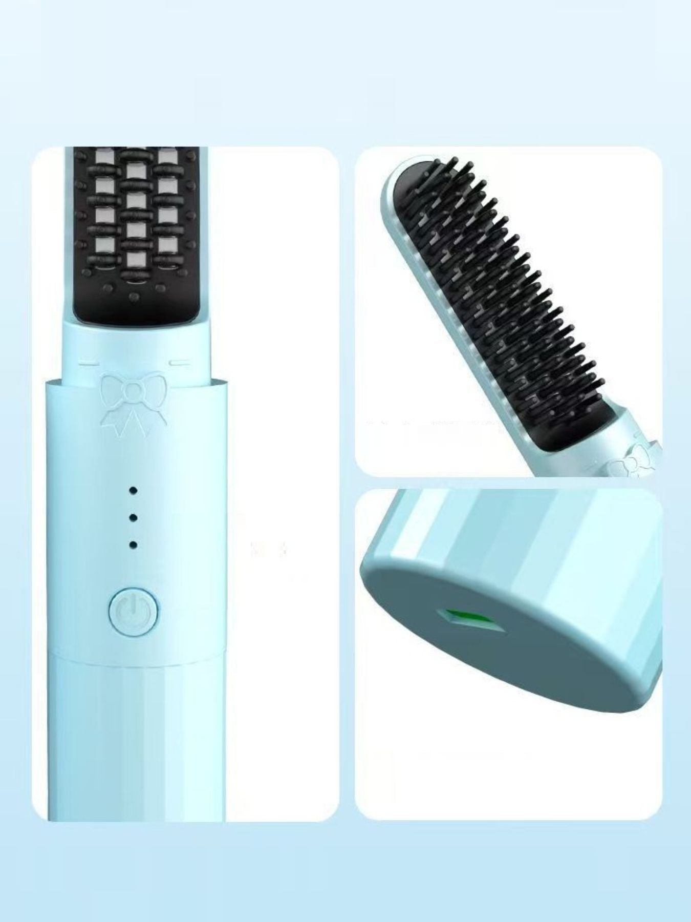 Light blue portable heated straightening comb by Trendsi, compact hair styling tool with heated ceramic teeth for straightening hair.