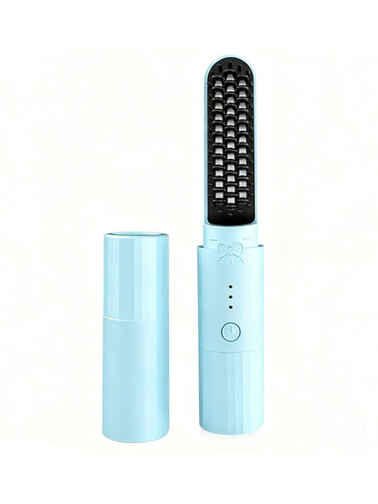 Light blue portable heated straightening comb by Trendsi, compact hair styling tool with ceramic plates for smooth, straight hair.