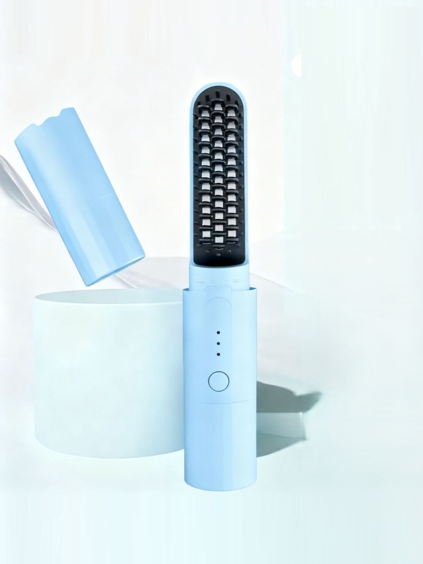 Light blue portable heated straightening comb by Trendsi, compact and easy to use for smooth, straight hair on the go.