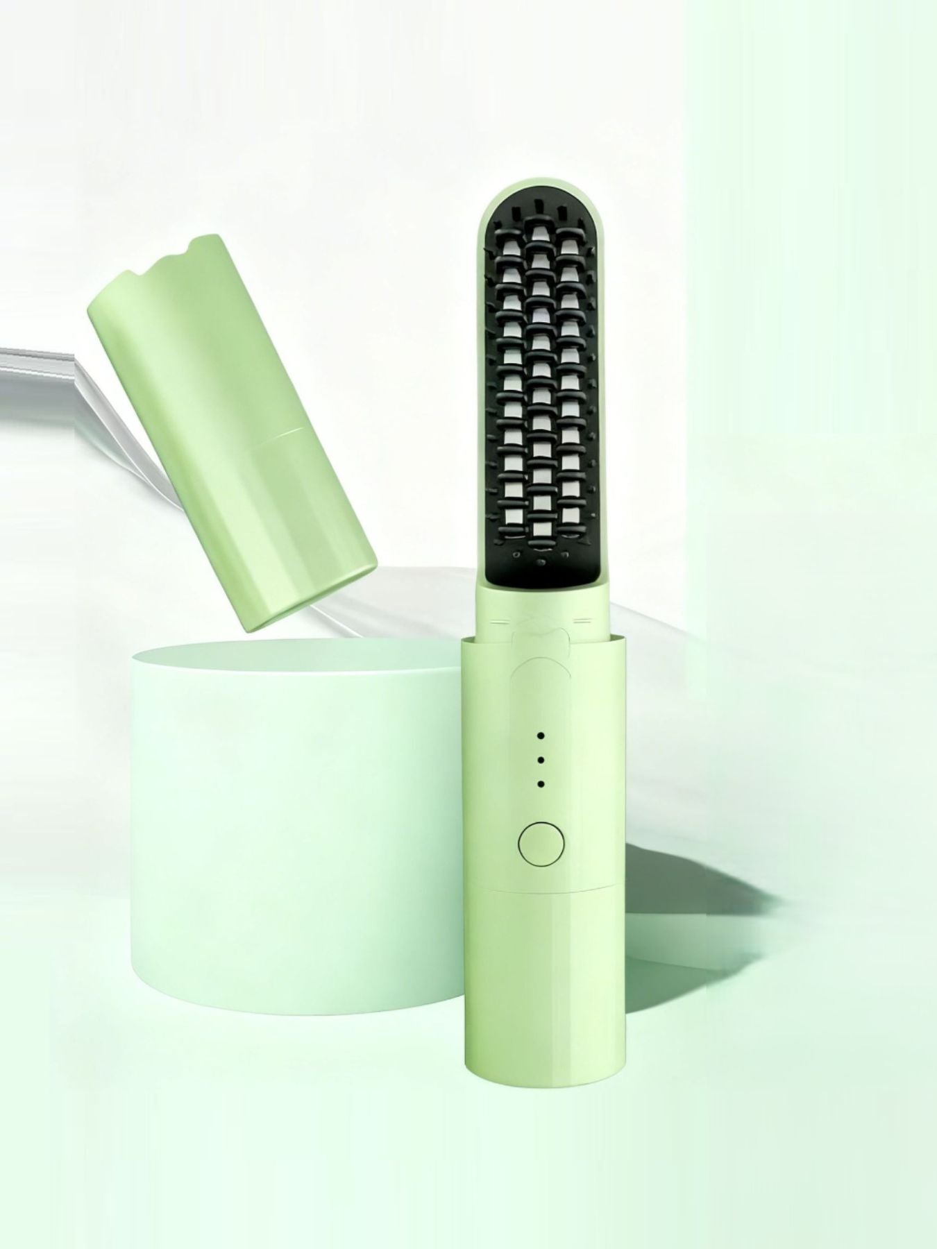 Light blue portable heated straightening comb by Trendsi, compact and ready for easy hair styling on the go.