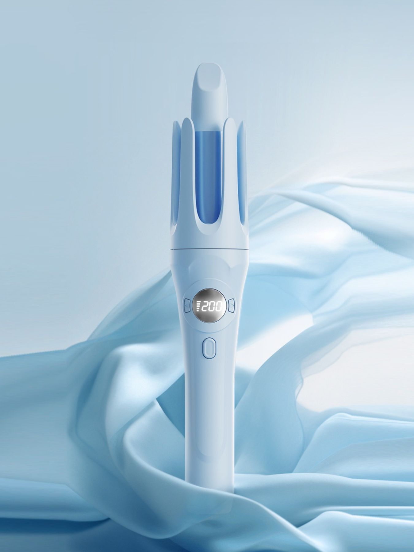 Light blue rotating ceramic hair curling iron by Trendsi with ergonomic handle and adjustable temperature settings.