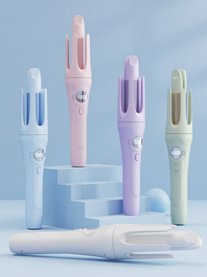 Light blue rotating ceramic hair curling iron from Trendsi, with a sleek handle and curling barrel for easy styling.