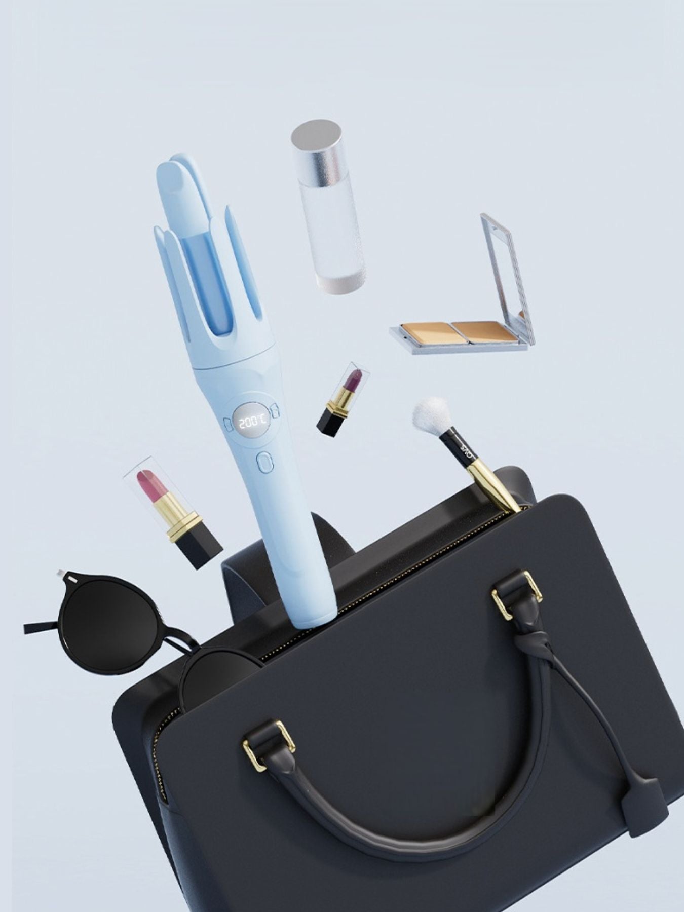 Light blue Trendsi rotating ceramic hair curling iron with ergonomic handle and adjustable temperature for styling.