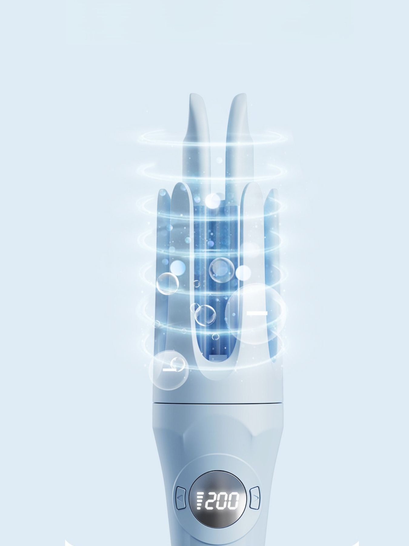 Light blue rotating ceramic hair curling iron by Trendsi, showing the handle and barrel for creating curls and waves.