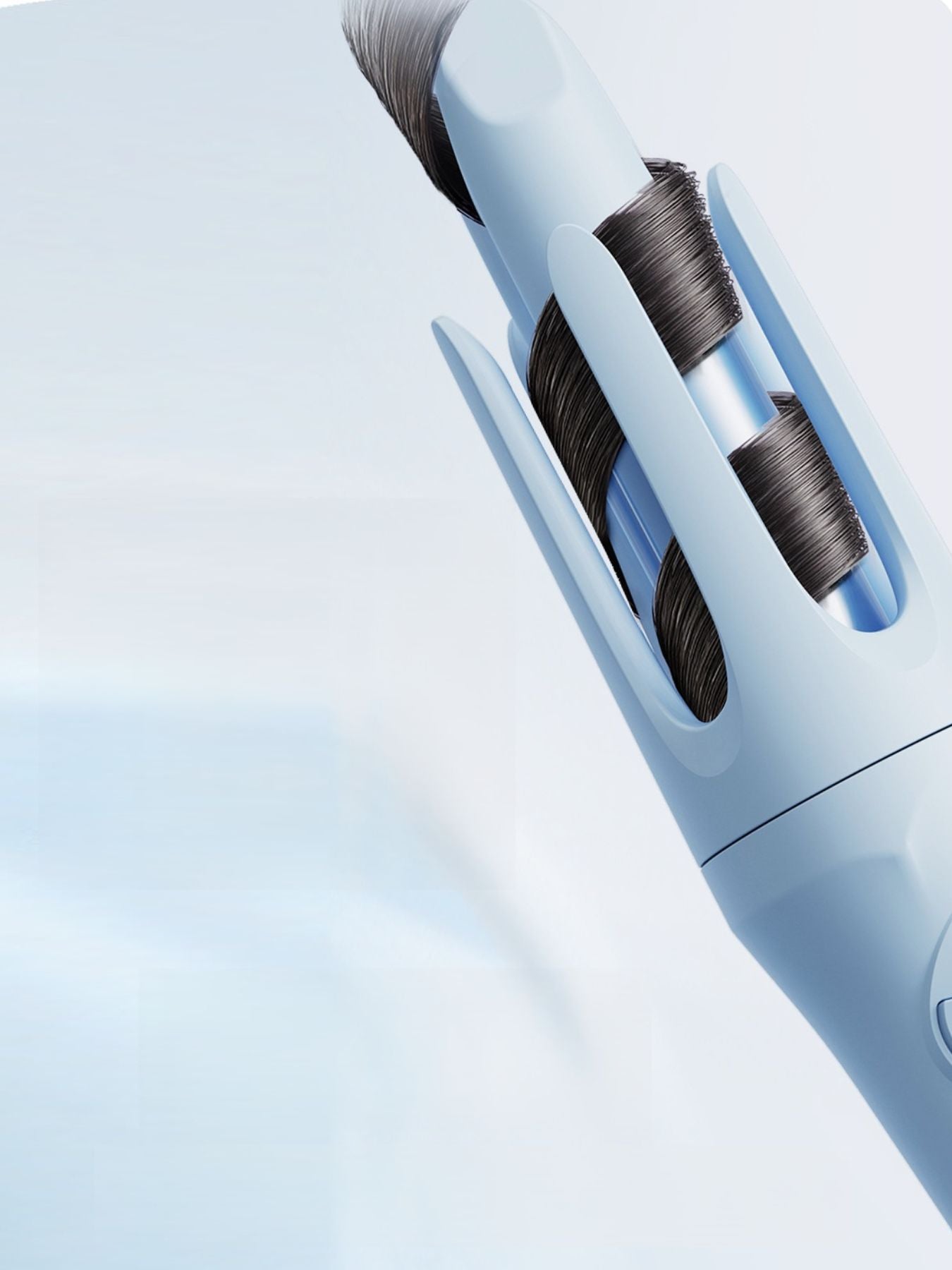 Light blue rotating ceramic hair curling iron with adjustable handle and ceramic barrel for smooth, shiny curls.