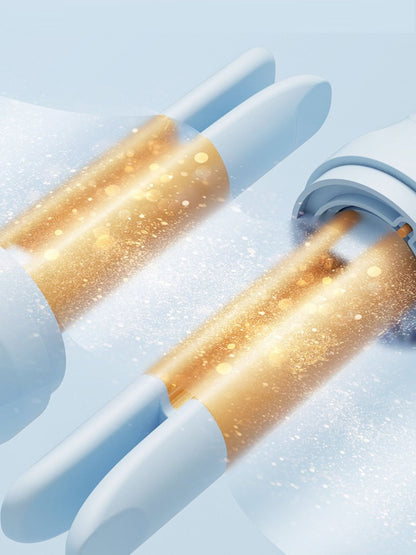 Light blue Trendsi rotating ceramic hair curling iron with ergonomic handle and digital temperature control.