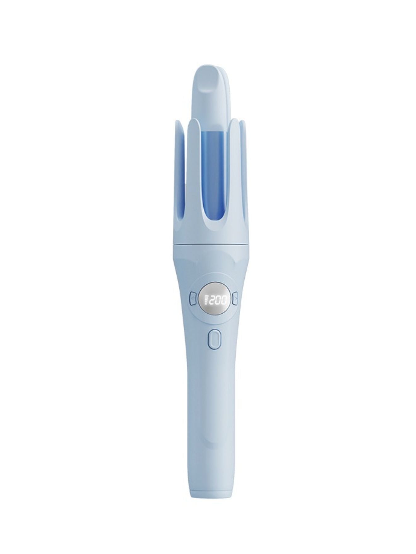 Light blue rotating ceramic hair curling iron by Trendsi, showcasing its ergonomic design and ceramic barrel for styling.
