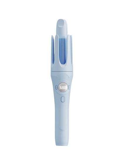 Light blue rotating ceramic hair curling iron by Trendsi, showcasing its ergonomic design and ceramic barrel for styling.
