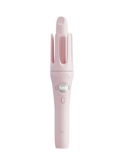 Light blue rotating ceramic hair curling iron with ergonomic handle and adjustable temperature settings.