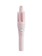 Light blue rotating ceramic hair curling iron with ergonomic handle and adjustable temperature settings.