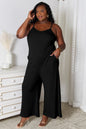 Light blue Basic Bae full-size spaghetti strap V-neck jumpsuit by Trendsi, showing the fitted bodice and wide-leg design.