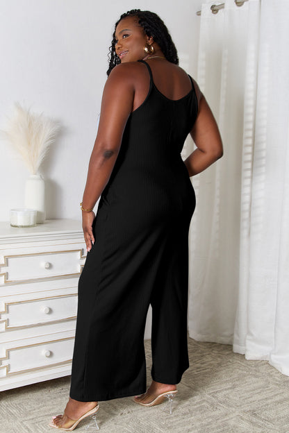 Light blue Basic Bae full-size spaghetti strap V-neck jumpsuit from Trendsi, displayed on a model.