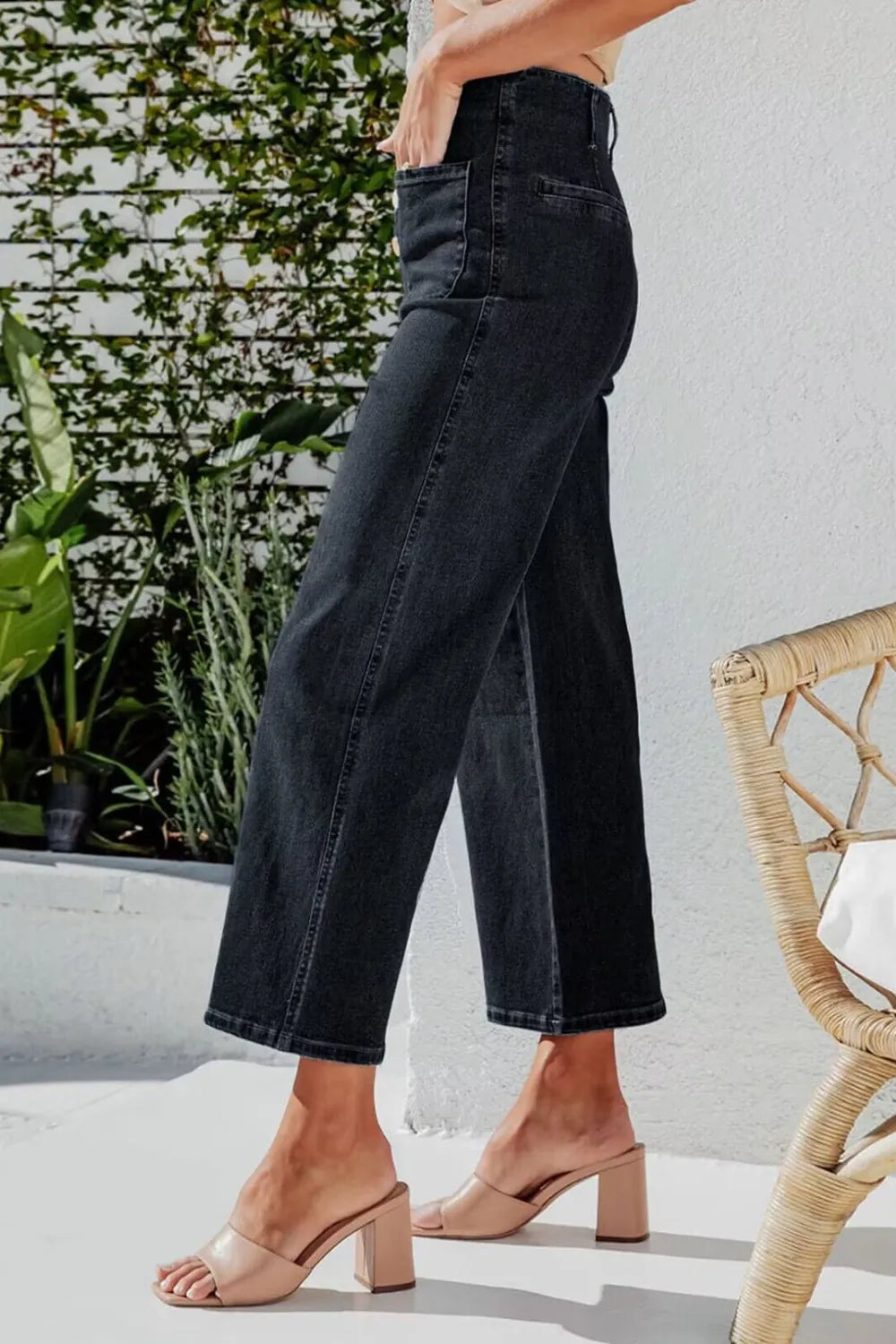 Light blue Trendsi button fly cropped wide-leg jeans with high waist and relaxed fit, showcasing casual denim style.