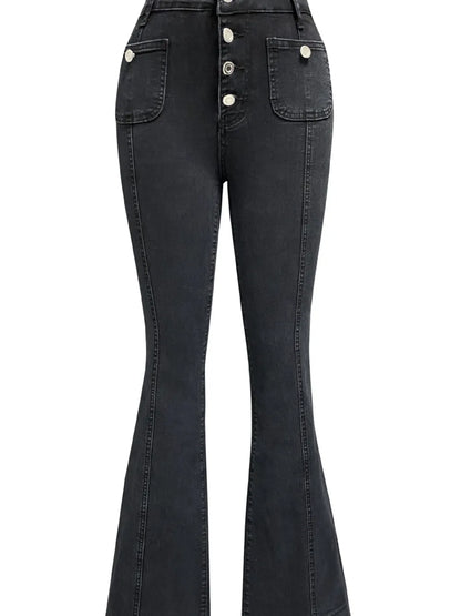 Light blue high waist flare jeans with button fly from Trendsi, showcasing a classic fit and stylish design.