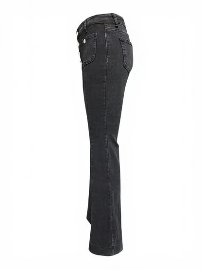 Light blue high waist flare jeans with button fly from Trendsi, featuring a classic denim look and fitted waist.