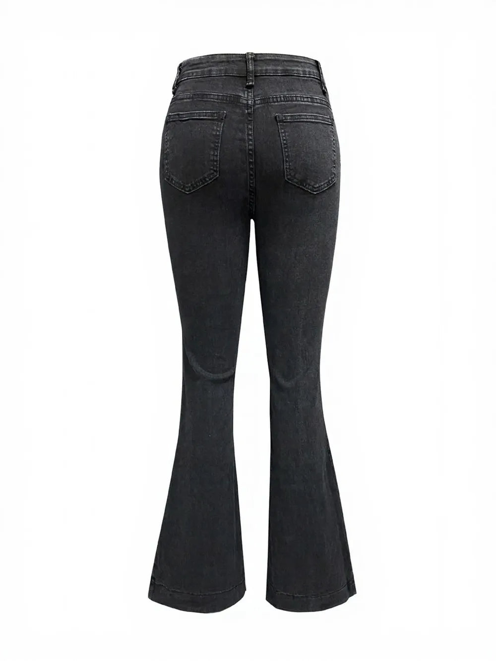 Light blue button fly high waist flare jeans by Trendsi, showcasing classic denim style with a fitted waist and flared leg design.