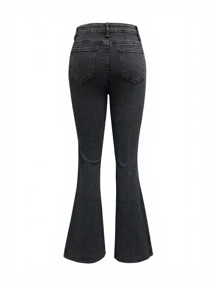 Light blue button fly high waist flare jeans by Trendsi, showcasing classic denim style with a fitted waist and flared leg design.