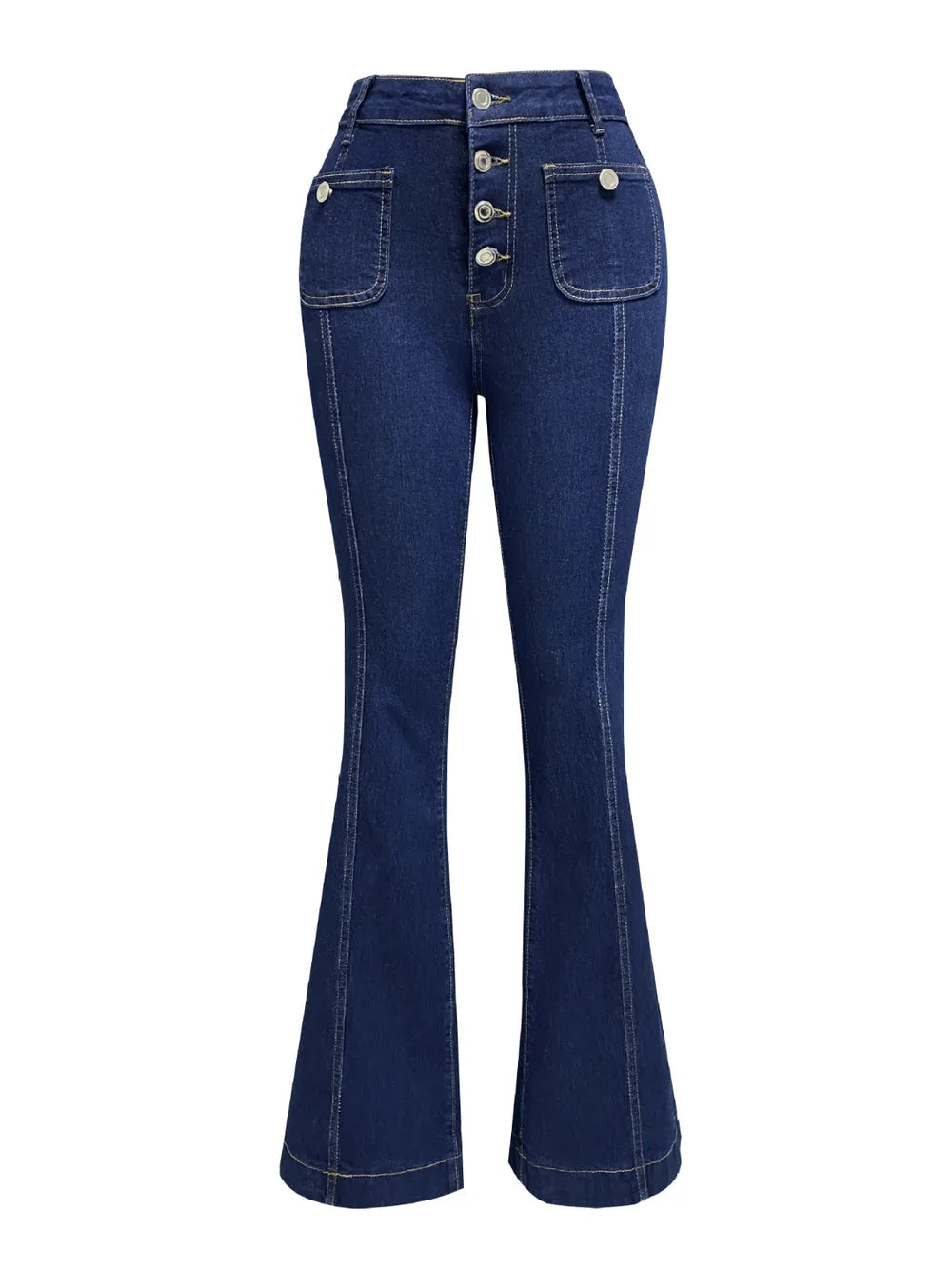 Light blue button fly high waist flare jeans from Trendsi, featuring a fitted waist and wide flare legs.