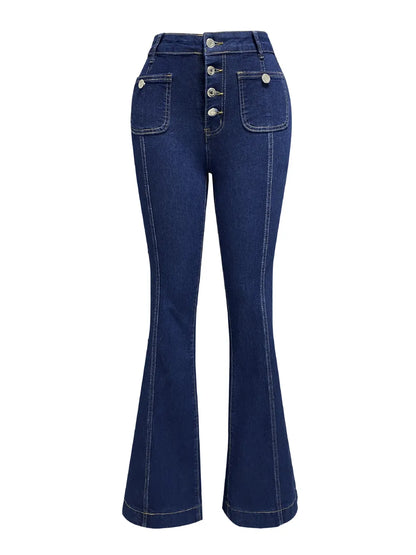 Light blue button fly high waist flare jeans from Trendsi, featuring a fitted waist and wide flare legs.