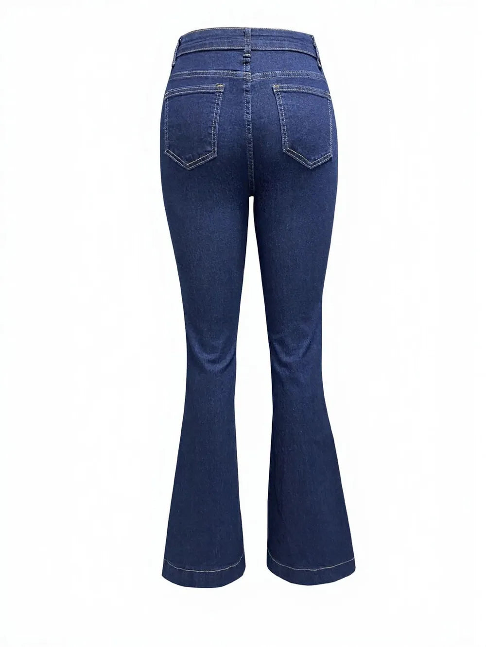Light blue button fly high waist flare jeans from Trendsi, featuring a fitted waist and wide leg silhouette.