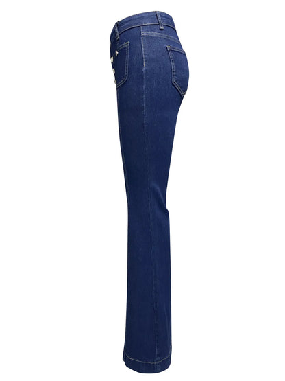 Light blue high waist flare jeans with button fly from Trendsi, featuring a fitted waist and wide-leg flare silhouette.