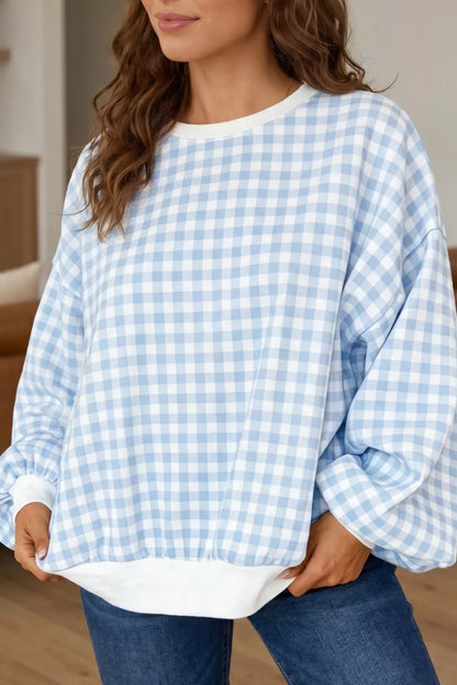 Light blue casual plaid dropped shoulder sweatshirt by Trendsi featuring a relaxed fit and soft fabric.