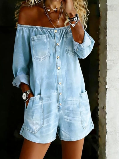 Light blue plus size button-down front off-shoulder romper by Trendsi, full size, stylish and comfortable for casual wear.