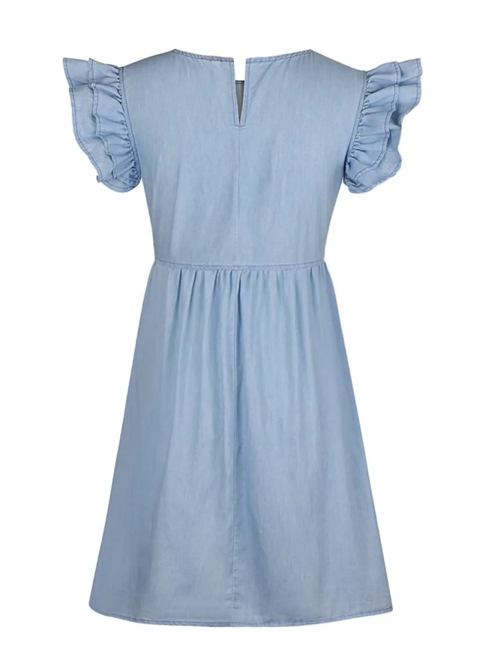 Light blue full-size denim dress by Trendsi featuring ruffled round neck and cap sleeves, stylish and casual for everyday wear.