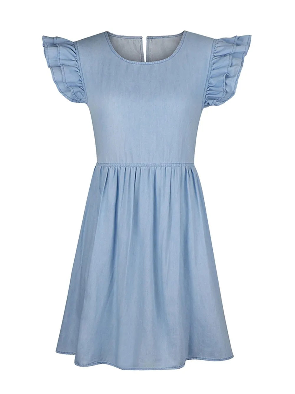 Light blue full-size denim dress with ruffled round neck and cap sleeves, by Trendsi, shown on a model.