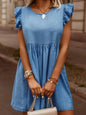 Light blue full-size denim dress by Trendsi with ruffled round neckline and cap sleeves, styled casually.