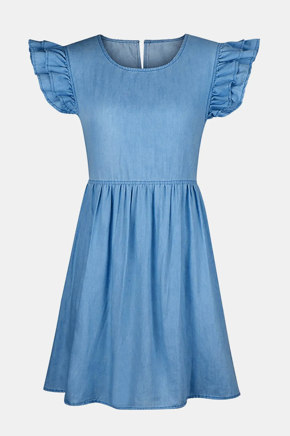 Light blue full-size denim dress by Trendsi featuring ruffled round neck and cap sleeves, casual and stylish for everyday wear.
