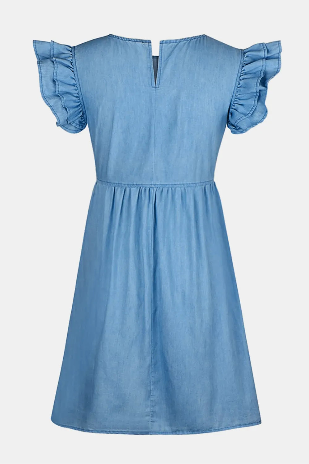 Light blue full-size denim dress with ruffled round neck and cap sleeves, by Trendsi, styled for a casual, chic look.