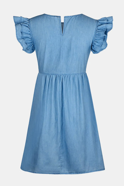 Light blue full-size denim dress with ruffled round neck and cap sleeves, by Trendsi, styled for a casual, chic look.