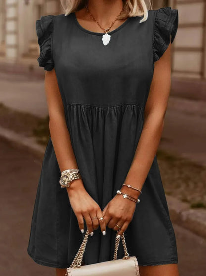 Light blue full size denim dress with ruffled round neckline and cap sleeves, by Trendsi, shown on a model.