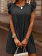 Light blue full size denim dress with ruffled round neckline and cap sleeves, by Trendsi, shown on a model.