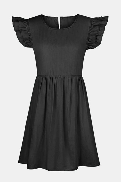 Light blue full-size denim dress with ruffled round neckline and cap sleeves, stylish Trendsi casual women's dress.