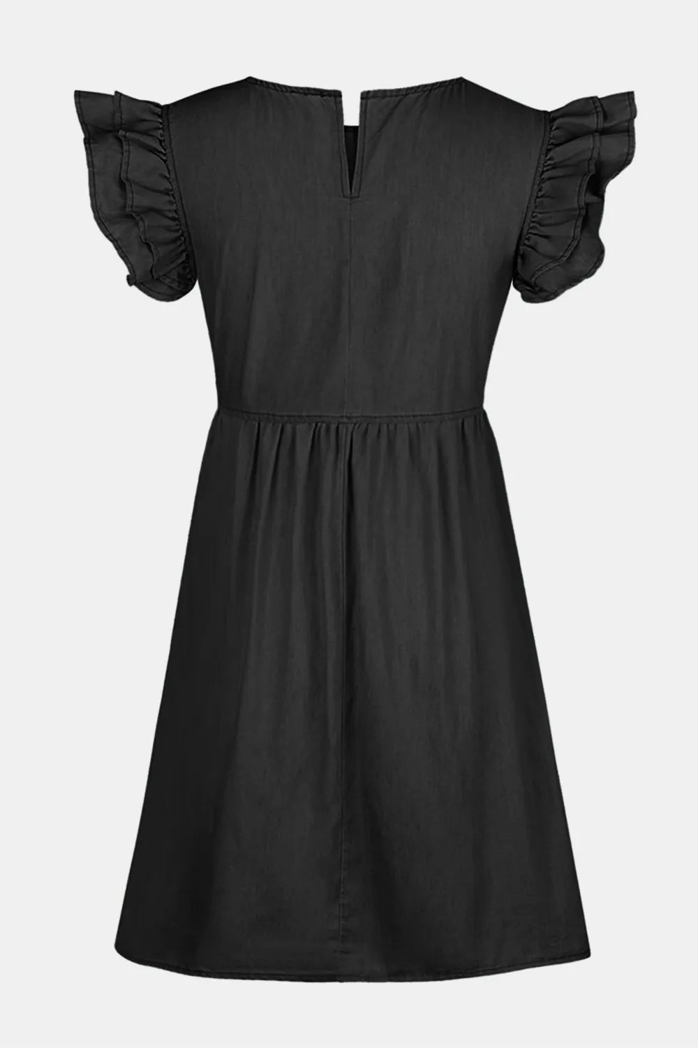Light blue full-size denim dress with ruffled round neckline and cap sleeves, stylish and casual from Trendsi.